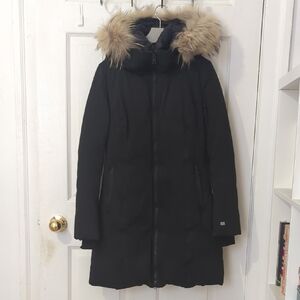 Women's Black Parka Coat with Faux Fur Trim